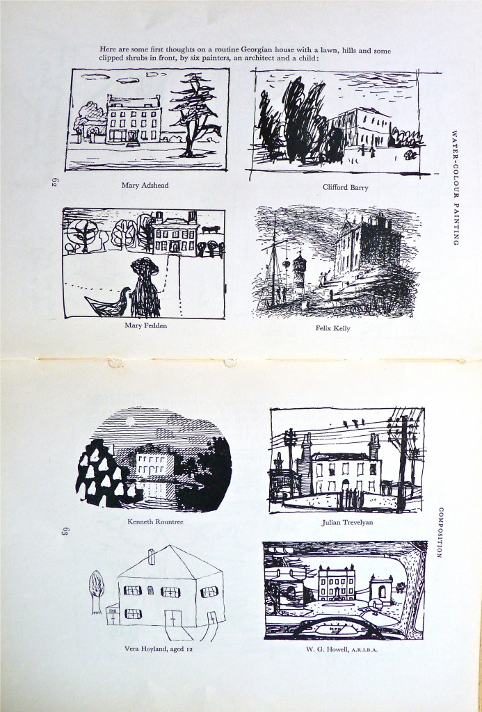 Jones's ideas on six ways to paint a 'routine Georgian house,' from Water Colour Painting (1960).